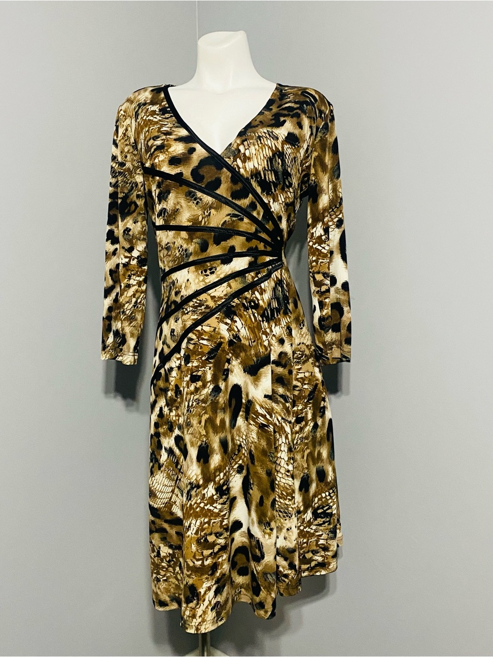 Dress Barn Long-Sleeve Animal Print Wrap Dress in Brown and Black